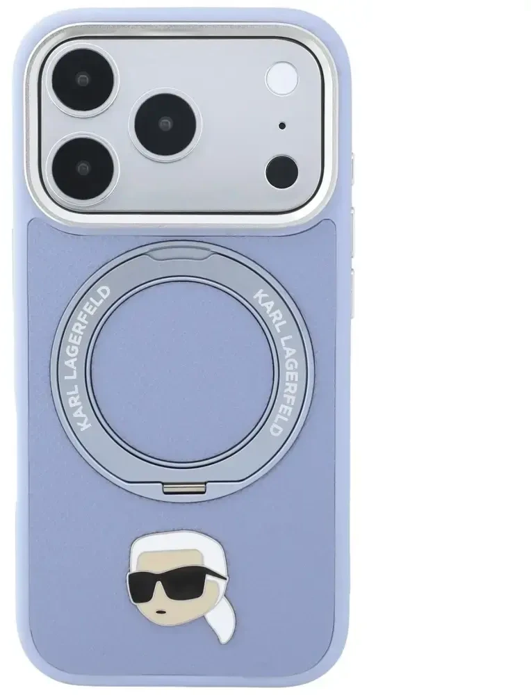 Dėklas Karl Lagerfeld su žiediniu stovu 360 Karl Head Pin MagSafe, skirtas iPhone 18 Pro / 17 Pro, šviesiai mėlynas