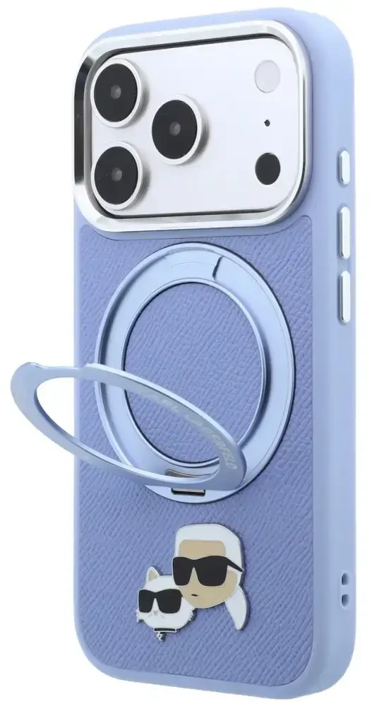 Dėklas Karl Lagerfeld with Ring Stand 360 Karl & Choupette Heads Pin MagSafe do iPhone 18 Pro Max / 17 Pro Max Šviesiai mėlynas