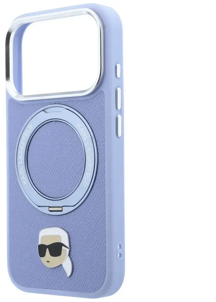 Dėklas Karl Lagerfeld su žiediniu stovu 360 Karl Head Pin MagSafe, skirtas iPhone 18 Pro / 17 Pro, šviesiai mėlynas