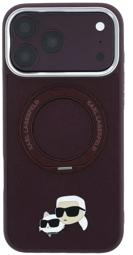 Dėklas Karl Lagerfeld with Ring Stand 360 Karl & Choupette Heads Pin MagSafe do iPhone 18 Pro / 17 Pro bordo spalvos