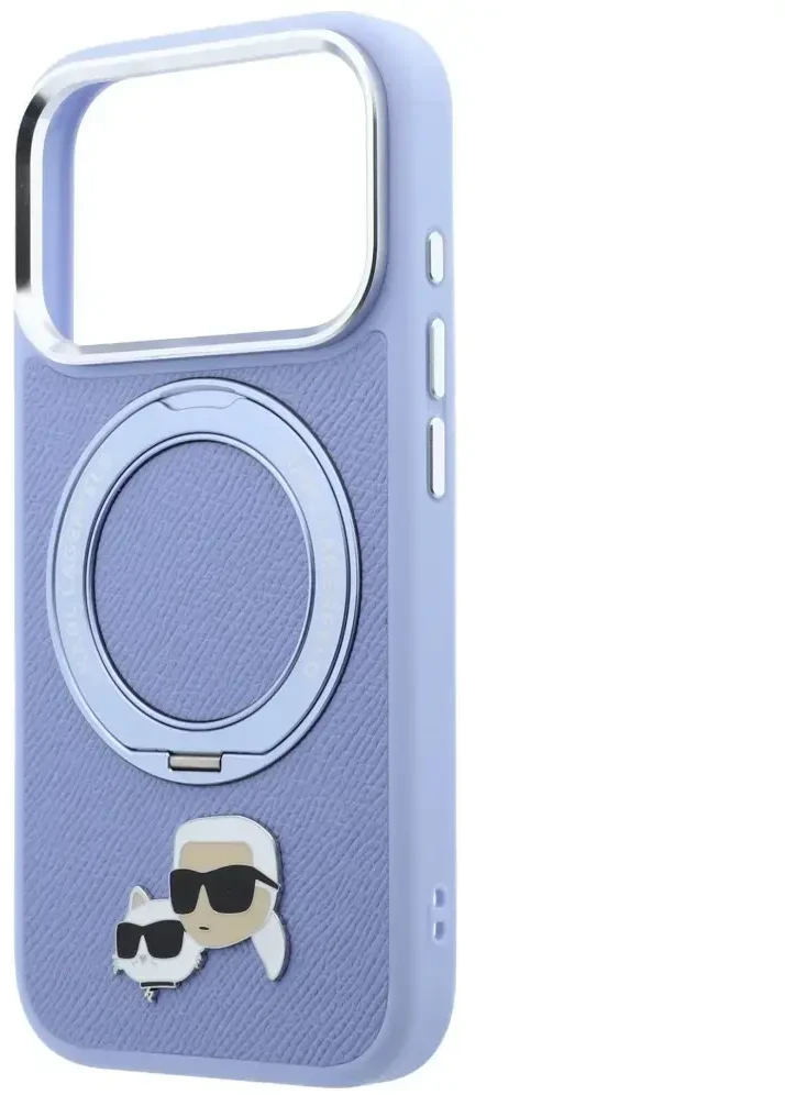 Dėklas Karl Lagerfeld with Ring Stand 360 Karl & Choupette Heads Pin MagSafe do iPhone 18 Pro Max / 17 Pro Max Šviesiai mėlynas