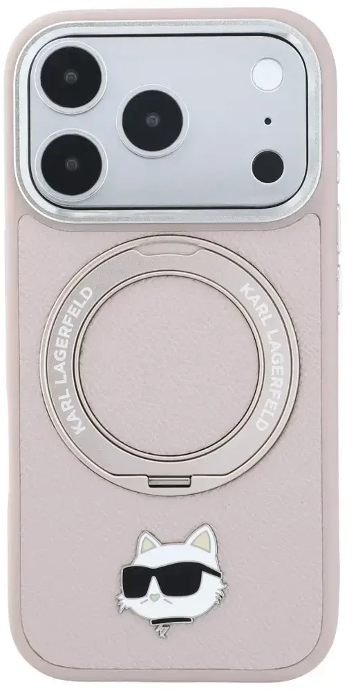 Dėklas Karl Lagerfeld with Ring Stand 360 Choupette Head Pin MagSafe do iPhone 18 Pro / 17 Pro rožinė