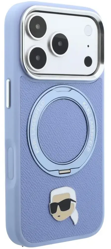 Dėklas Karl Lagerfeld su žiediniu stovu 360 Karl Head Pin MagSafe, skirtas iPhone 18 Pro / 17 Pro, šviesiai mėlynas
