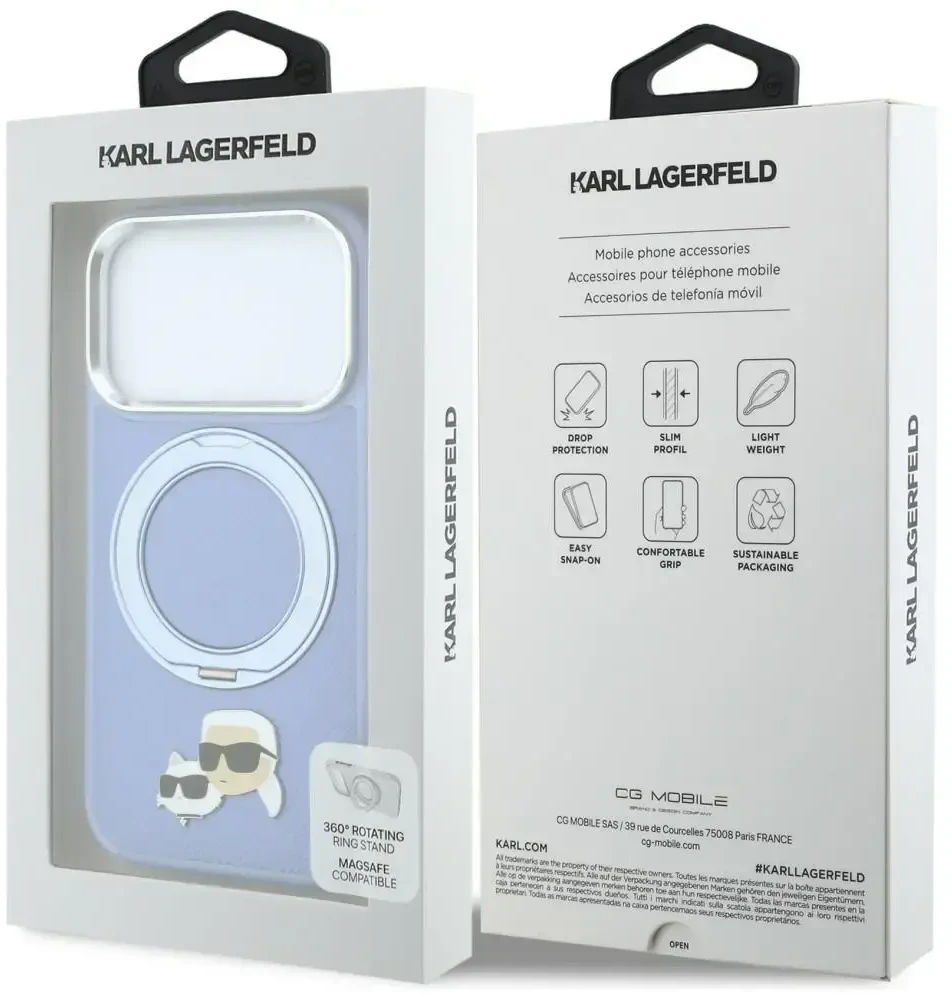 Dėklas Karl Lagerfeld with Ring Stand 360 Karl & Choupette Heads Pin MagSafe do iPhone 18 Pro Max / 17 Pro Max Šviesiai mėlynas