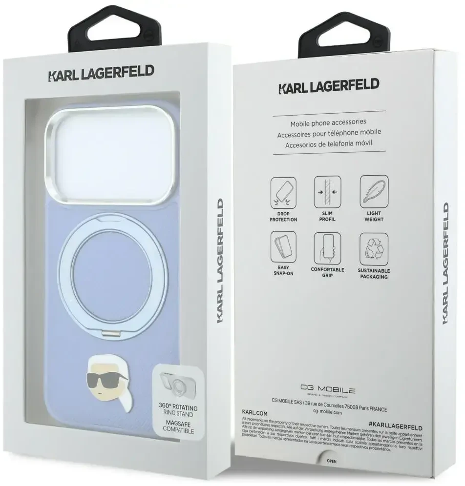 Dėklas Karl Lagerfeld su žiediniu stovu 360 Karl Head Pin MagSafe, skirtas iPhone 18 Pro / 17 Pro, šviesiai mėlynas