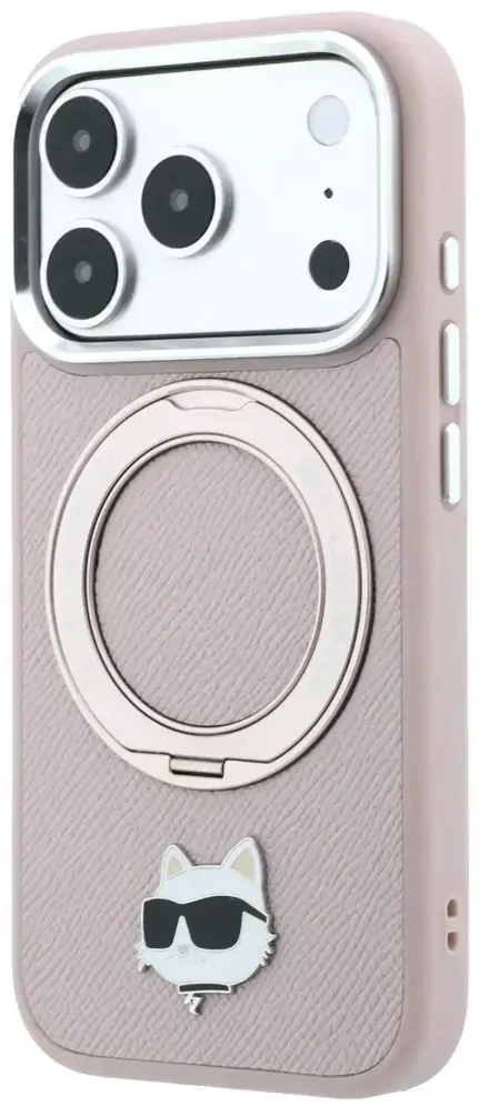 Dėklas Karl Lagerfeld with Ring Stand 360 Choupette Head Pin MagSafe do iPhone 18 Pro Max / 17 Pro Max rožinė