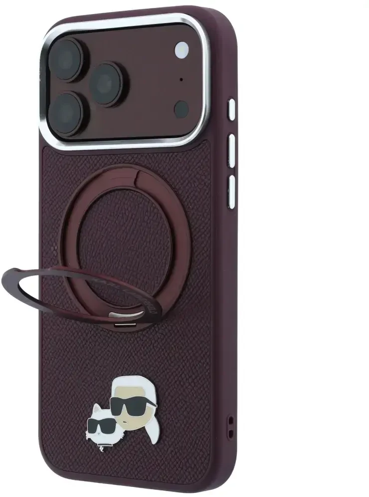 Dėklas Karl Lagerfeld with Ring Stand 360 Karl & Choupette Heads Pin MagSafe do iPhone 18 Pro / 17 Pro bordo spalvos