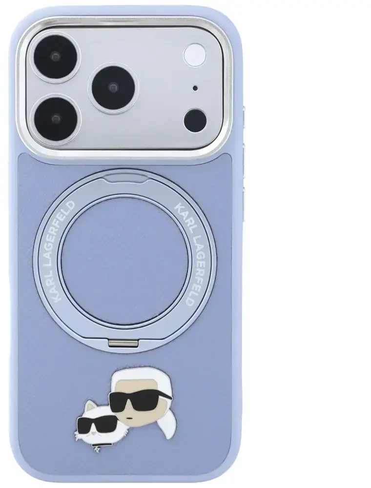 Dėklas Karl Lagerfeld su 360° žiediniu stovu Karl & Choupette Heads Pin MagSafe, skirtas iPhone 18 Pro/17 Pro