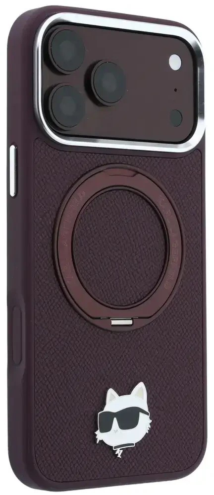 Dėklas Karl Lagerfeld with Ring Stand 360 Choupette Head Pin MagSafe do iPhone 18 Pro / 17 Pro bordo spalvos