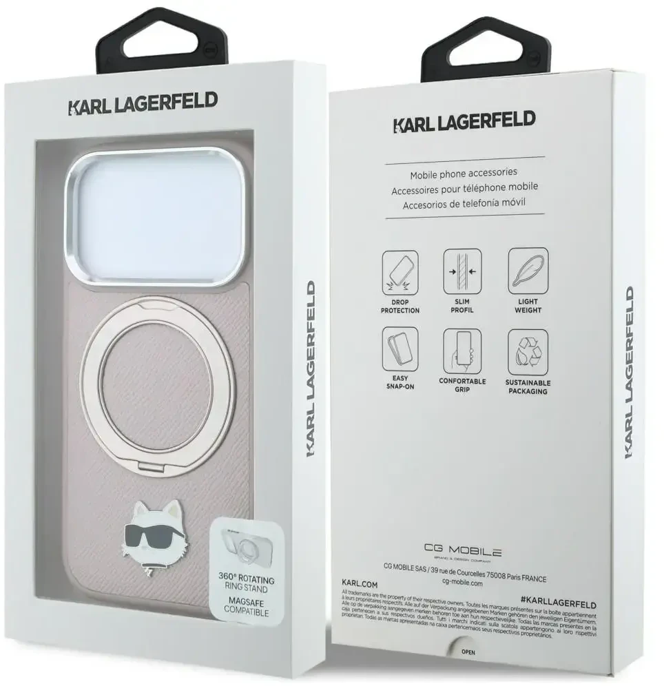 Dėklas Karl Lagerfeld with Ring Stand 360 Choupette Head Pin MagSafe do iPhone 18 Pro Max / 17 Pro Max rožinė