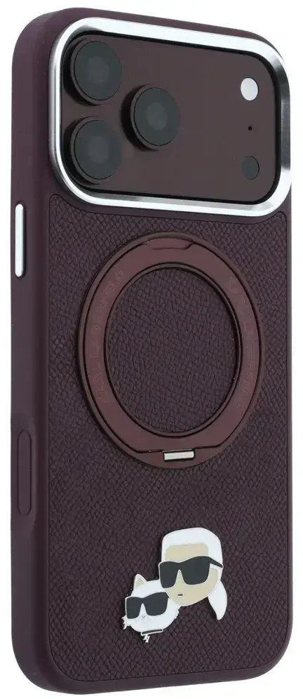 Dėklas Karl Lagerfeld with Ring Stand 360 Karl & Choupette Heads Pin MagSafe do iPhone 18 Pro / 17 Pro bordo spalvos