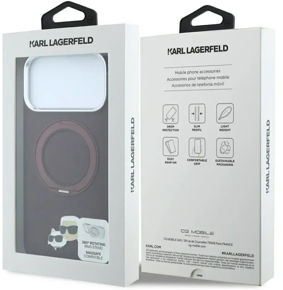 Dėklas Karl Lagerfeld with Ring Stand 360 Karl & Choupette Heads Pin MagSafe do iPhone 18 Pro / 17 Pro bordo spalvos