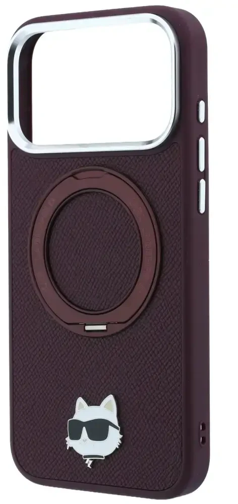 Dėklas Karl Lagerfeld with Ring Stand 360 Choupette Head Pin MagSafe do iPhone 18 Pro / 17 Pro bordo spalvos