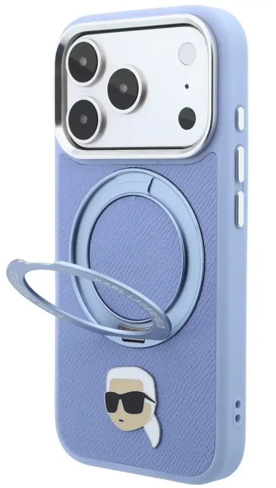 Dėklas Karl Lagerfeld su žiediniu stovu 360 Karl Head Pin MagSafe, skirtas iPhone 18 Pro / 17 Pro, šviesiai mėlynas