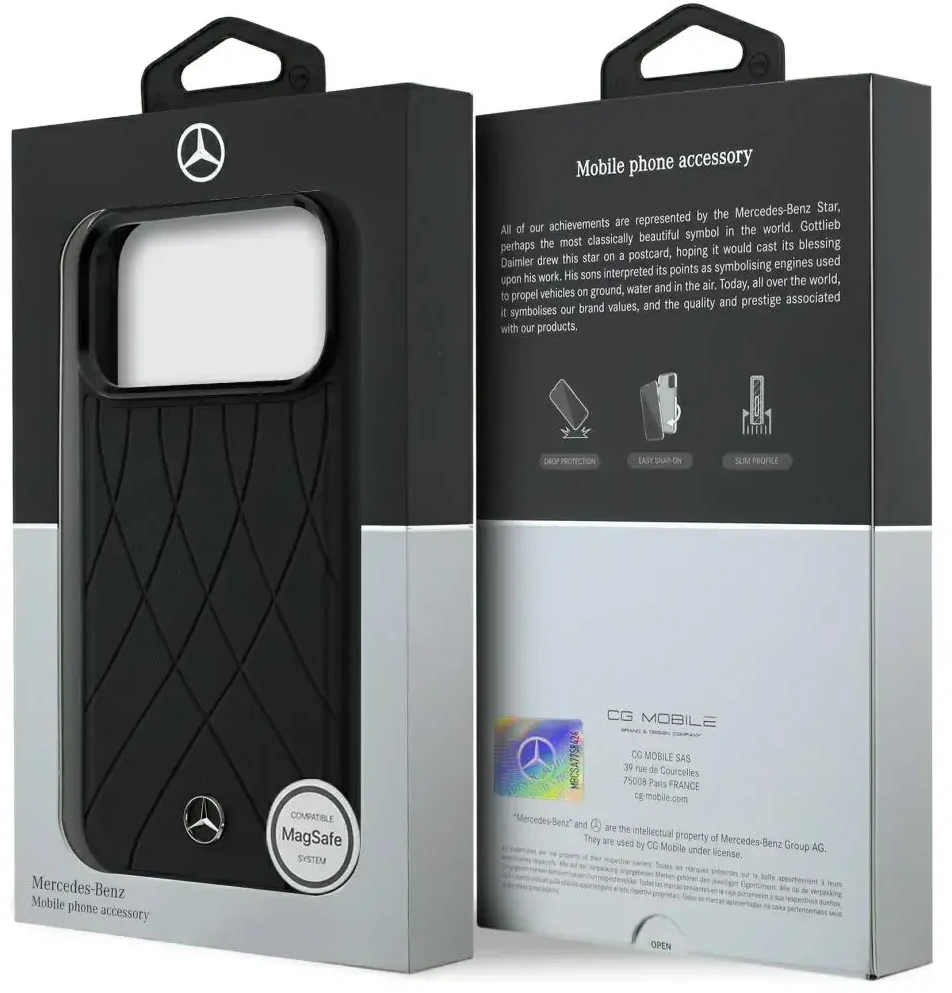 Dėklas Mercedes Leather Crossed Lines MagSafe skirtas iPhone 18 Pro Max/ 17 Pro Max juodas