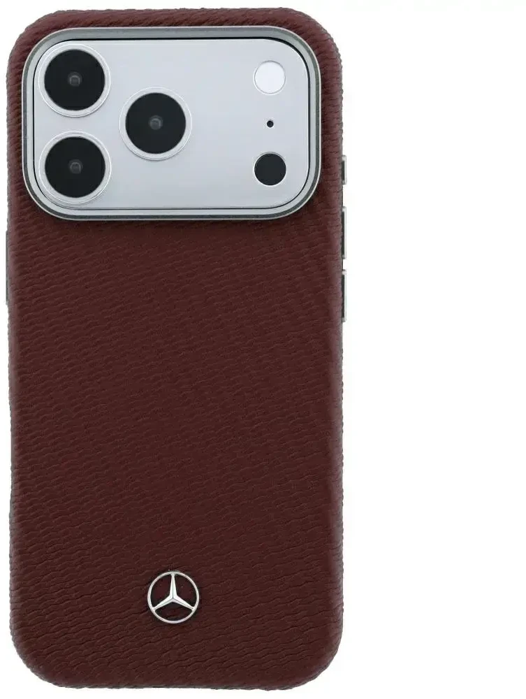 Dėklas Mercedes Leather Semi Wrap Wood Effect MagSafe skirtas iPhone 18 Pro / 17 Pro burgundy