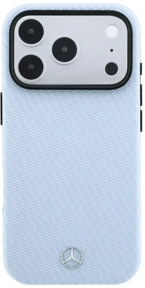 Dėklas Mercedes Leather Semi Wrap Wood Effect MagSafe skirtas iPhone 18 Pro Max / 17 Pro Max mėlynas