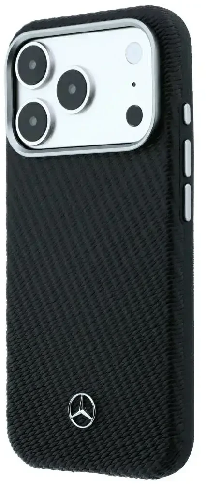 Dėklas Mercedes Leather Semi Wrap Wood Effect MagSafe skirtas iPhone 18 Pro Max / 17 Pro Max juodas