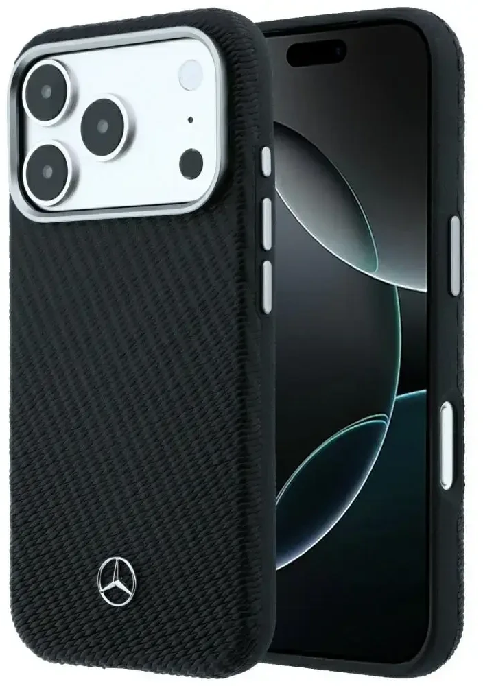 Dėklas Mercedes Leather Semi Wrap Wood Effect MagSafe skirtas iPhone 18 Pro Max / 17 Pro Max juodas