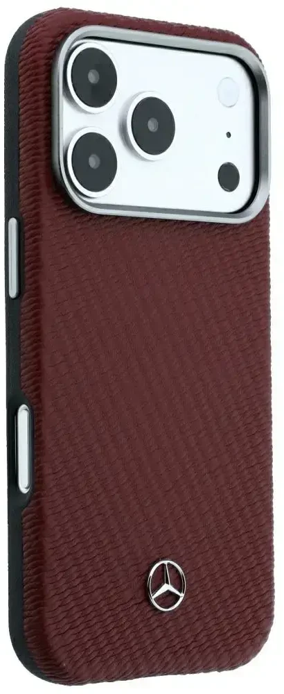 Dėklas Mercedes Leather Semi Wrap Wood Effect MagSafe skirtas iPhone 18 Pro / 17 Pro burgundy
