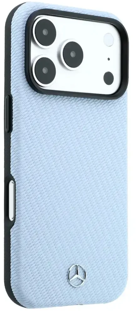 Dėklas Mercedes Leather Semi Wrap Wood Effect MagSafe skirtas iPhone 18 Pro Max / 17 Pro Max mėlynas