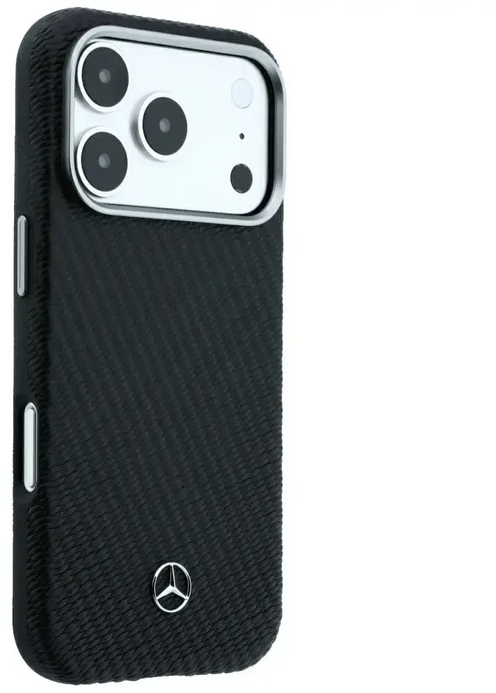 Dėklas Mercedes Leather Semi Wrap Wood Effect MagSafe skirtas iPhone 18 Pro Max / 17 Pro Max juodas
