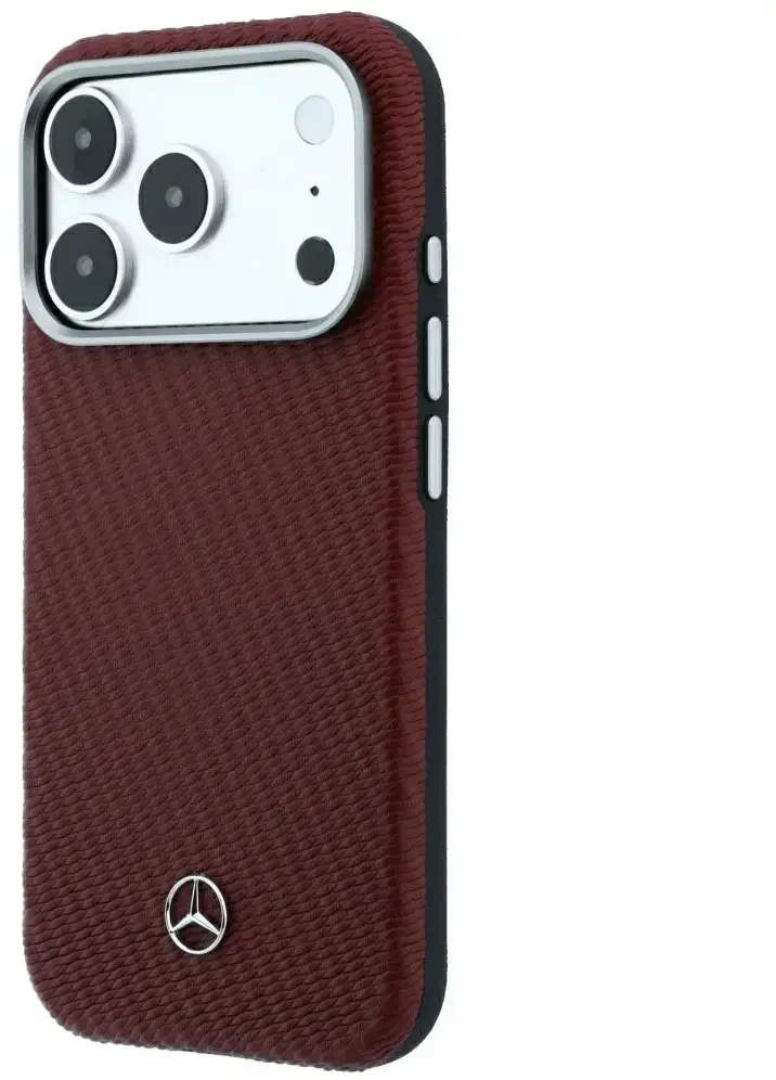 Dėklas Mercedes Leather Semi Wrap Wood Effect MagSafe skirtas iPhone 18 Pro / 17 Pro burgundy