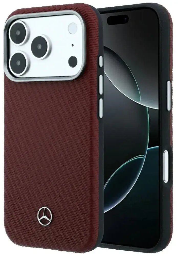 Dėklas Mercedes Leather Semi Wrap Wood Effect MagSafe skirtas iPhone 18 Pro / 17 Pro burgundy