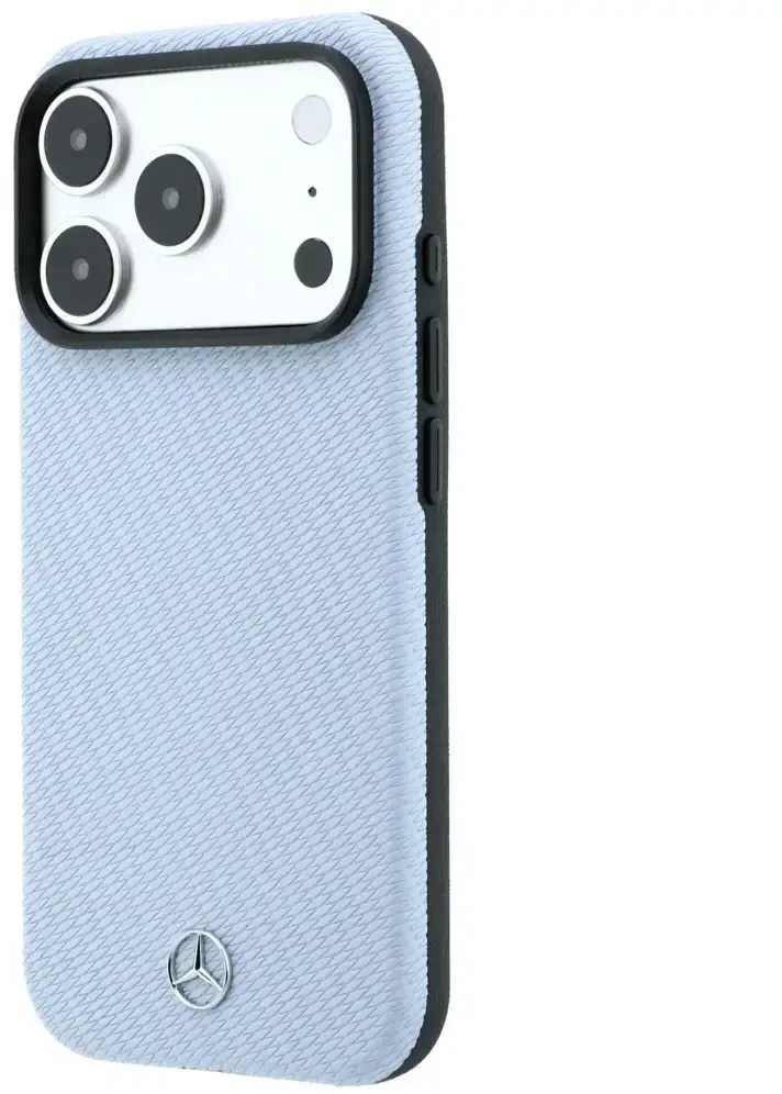 Dėklas Mercedes Leather Semi Wrap Wood Effect MagSafe skirtas iPhone 18 Pro Max / 17 Pro Max mėlynas