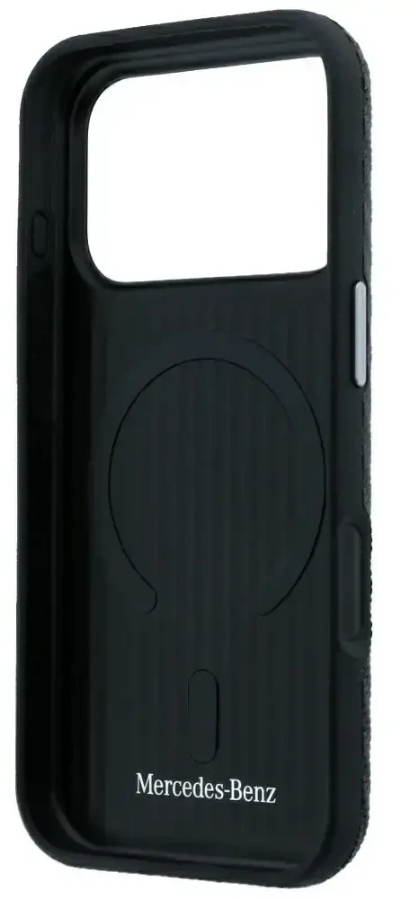 Dėklas Mercedes Leather Semi Wrap Wood Effect MagSafe skirtas iPhone 18 Pro Max / 17 Pro Max juodas