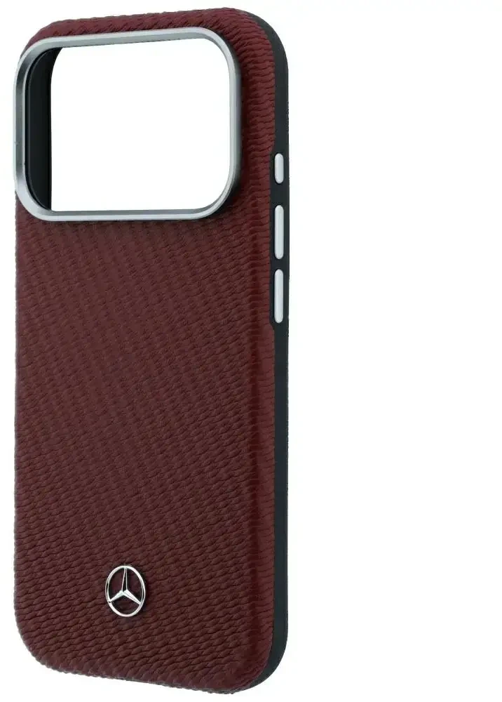 Dėklas Mercedes Leather Semi Wrap Wood Effect MagSafe skirtas iPhone 18 Pro / 17 Pro burgundy
