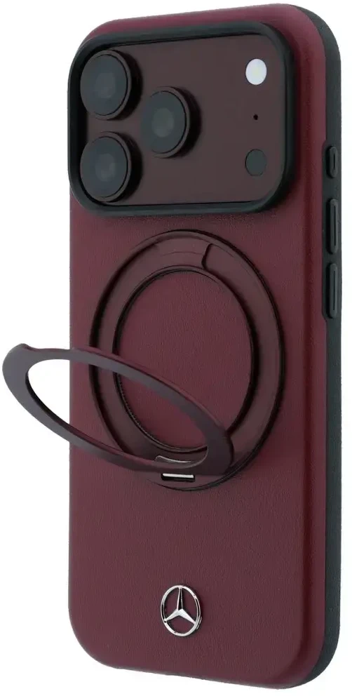 Dėklas Mercedes Leather with Ring Stand MagSafe do iPhone 18 Pro Max / 17 Pro Max bordo spalvos