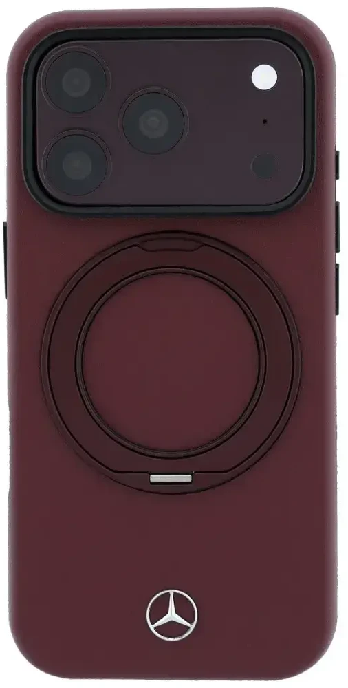 Dėklas Mercedes Leather with Ring Stand MagSafe do iPhone 18 Pro Max / 17 Pro Max bordo spalvos