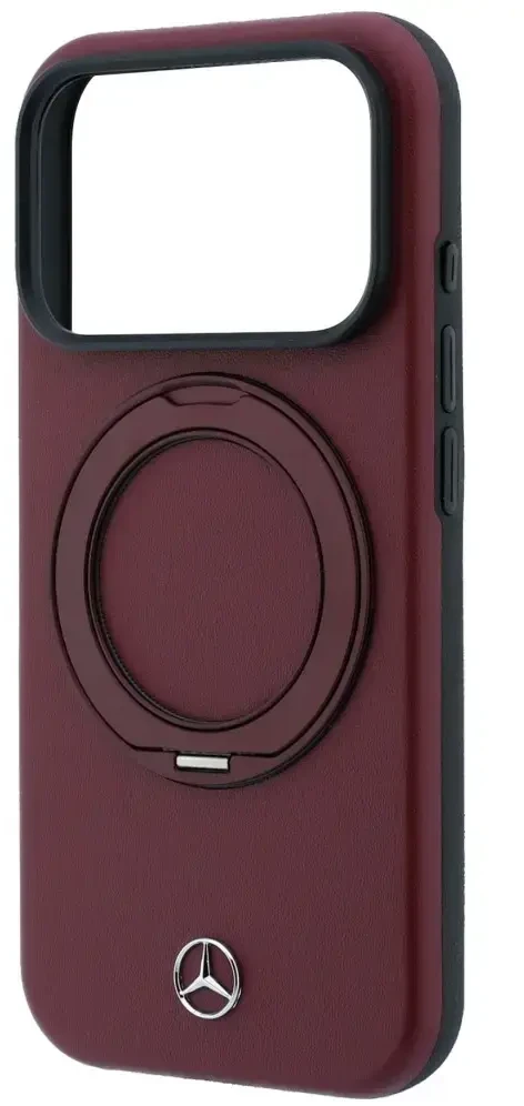 Dėklas Mercedes Leather with Ring Stand MagSafe do iPhone 18 Pro Max / 17 Pro Max bordo spalvos