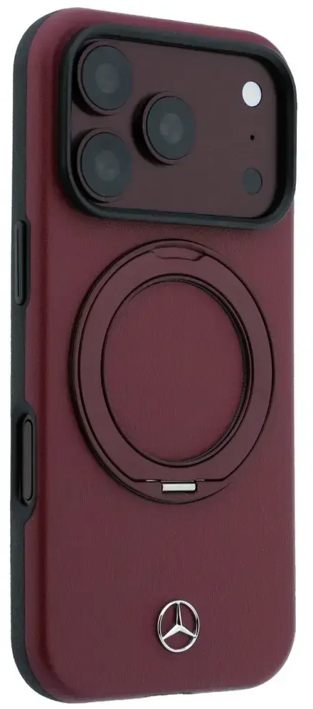 Dėklas Mercedes Leather with Ring Stand MagSafe do iPhone 18 Pro / 17 Pro bordo spalvos
