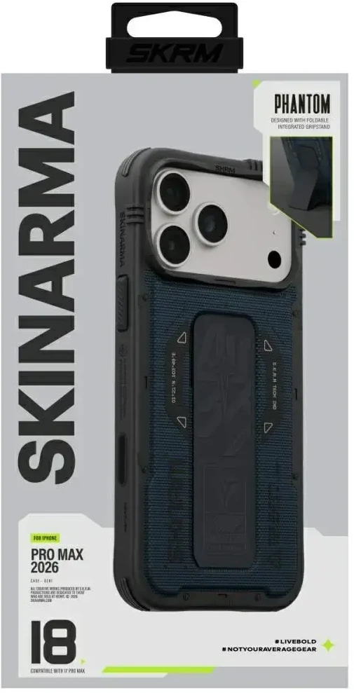 Dėklas Skinarma Phantom MagSafe + laikiklis su stovu, skirtas iPhone 18 Pro Max / 17 Pro Max, mėlynas