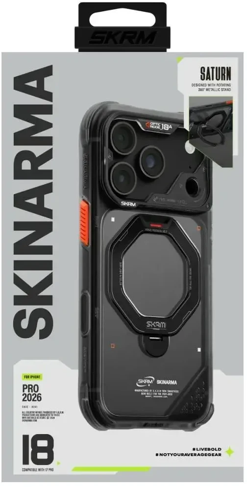 Dėklas Skinarma Saturn MagSafe + Rotating Kick Stand do iPhone 18 Pro / 17 Pro juoda