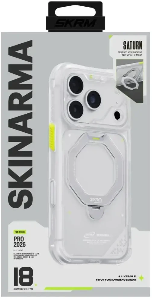 Dėklas Skinarma Saturn MagSafe + Rotating Kick Stand do iPhone 18 Pro / 17 Pro frost