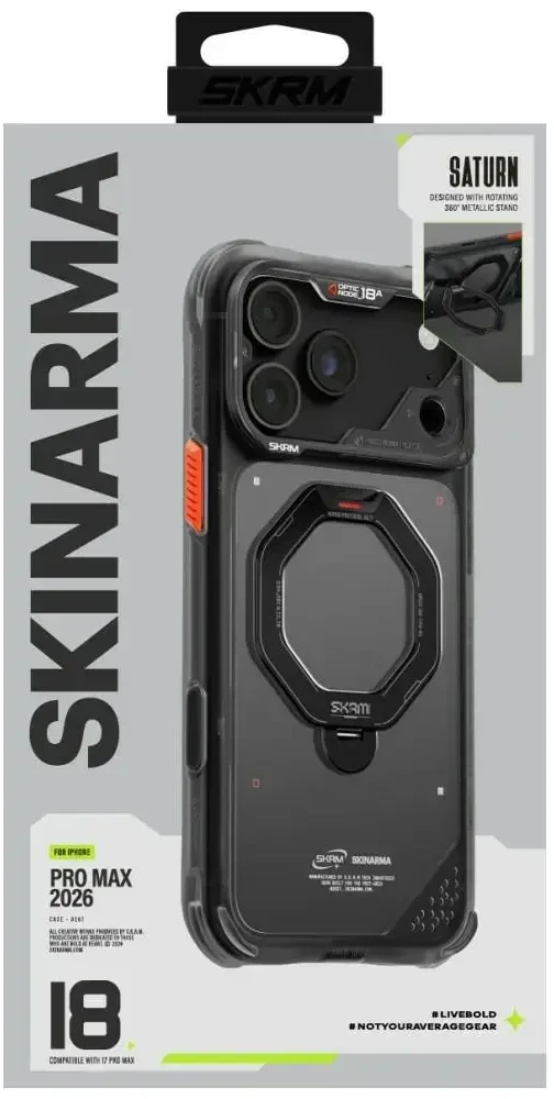 Dėklas Skinarma Saturn MagSafe + Rotating Kick Stand do iPhone 18 Pro Max / 17 Pro Max juoda