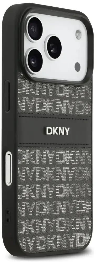 Dėklas DKNY Repeat Texture Pattern with Tonal Stripe skirtas Apple iPhone 17 Pro Max juodos spalvos