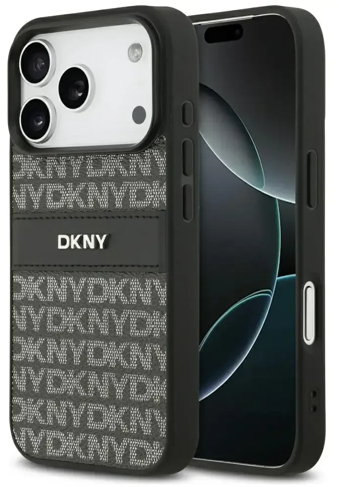 Dėklas DKNY Repeat Texture Pattern with Tonal Stripe skirtas Apple iPhone 17 Pro Max juodos spalvos