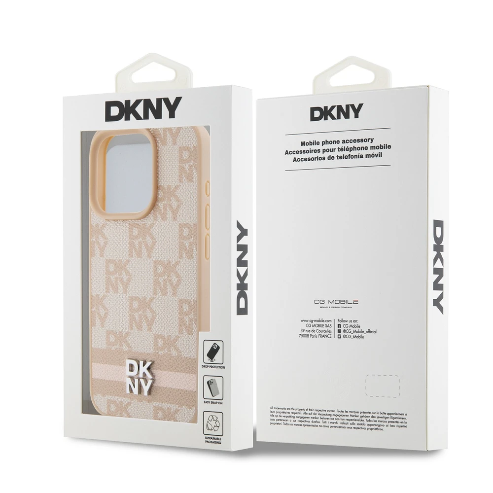 DKNY PU oda languotas raštas ir juostelės dėklas telefonui iPhone 13 Pro, rožinės spalvos