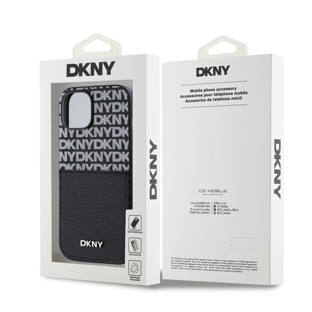 DKNY PU Leather Repeat Pattern Card Pocket dėklas telefonui Apple iPhone 14 juodos spalvos