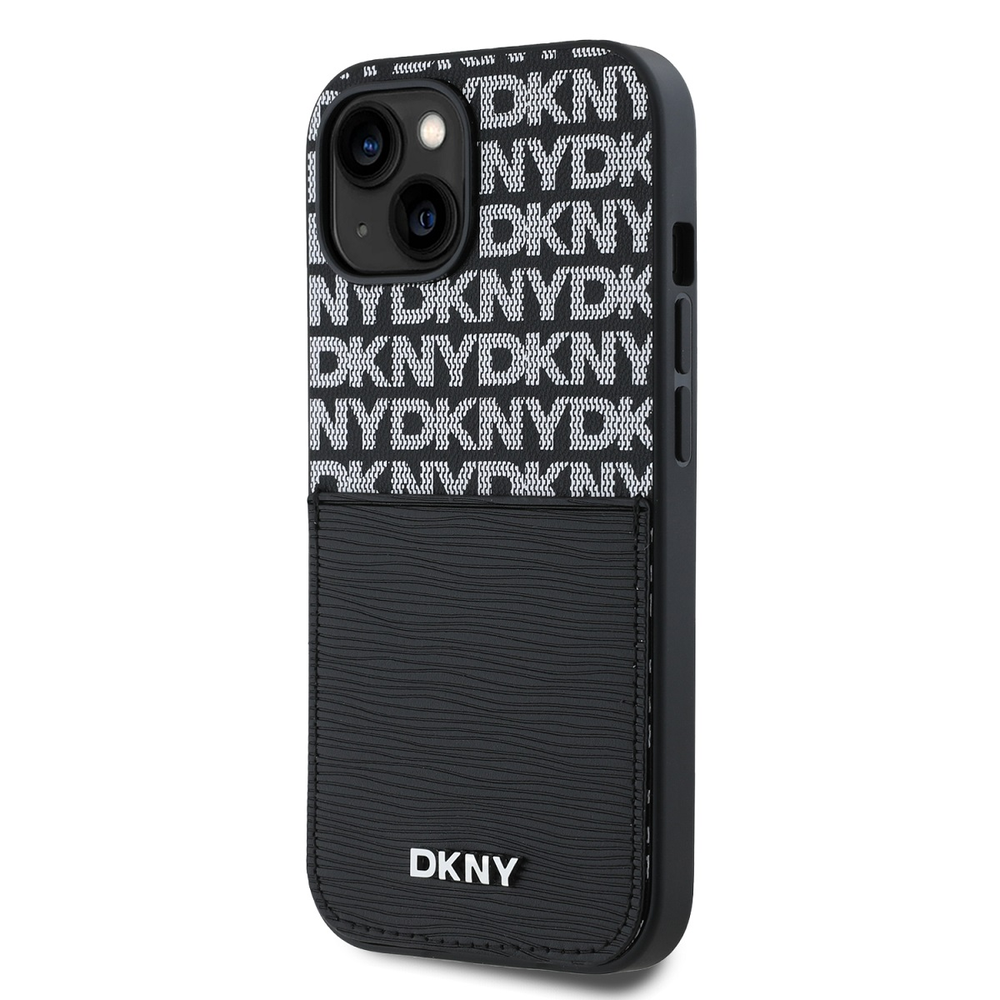 DKNY PU Leather Repeat Pattern Card Pocket dėklas telefonui Apple iPhone 14 juodos spalvos