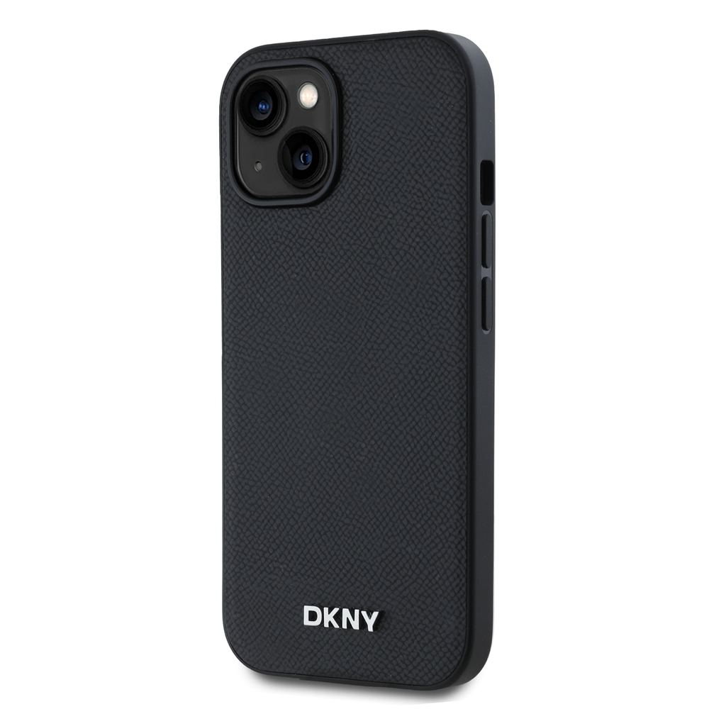DKNY PU Leather Sidabrinis Metal Logo Magsafe dėklas telefonui Apple iPhone 15 juodos spalvos