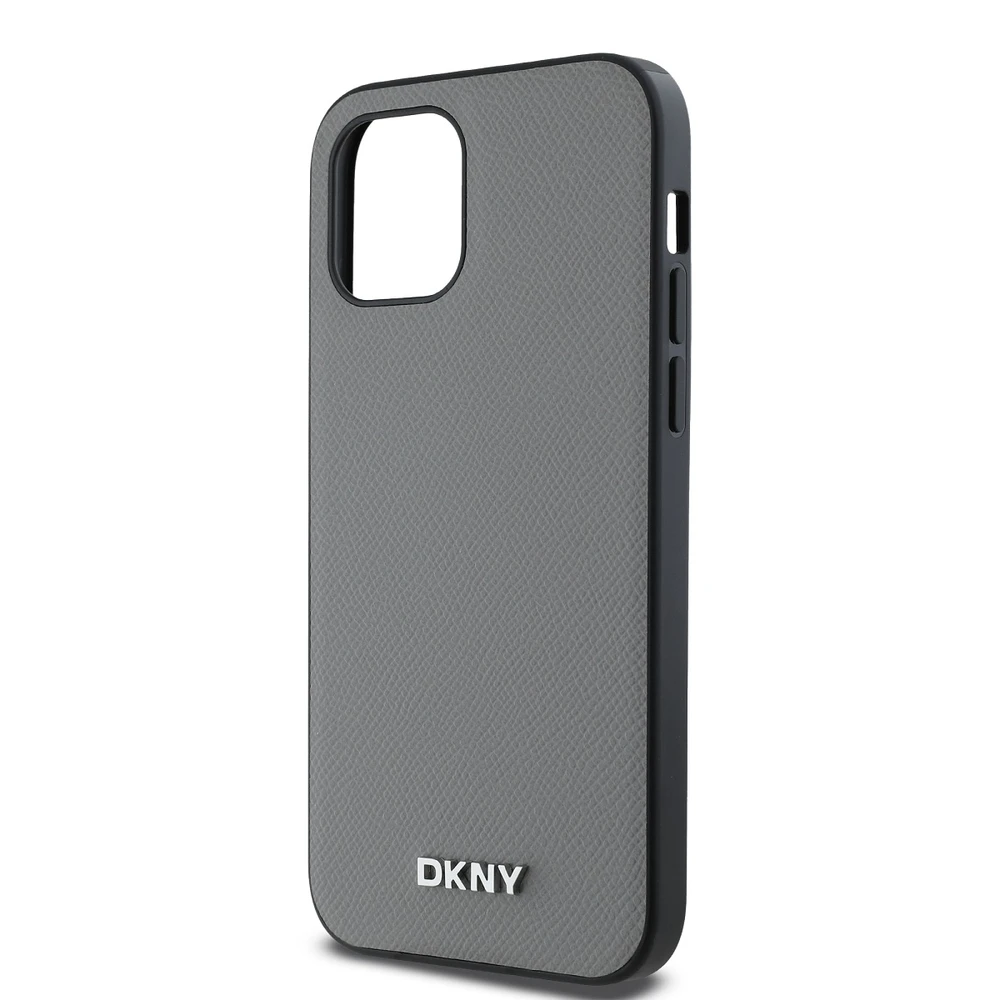 DKNY PU odos dėklas su sidabrinės spalvos metaliniu logotipu ir MagSafe funkcija, skirtas iPhone 12/12 Pro, pilkos spalvos