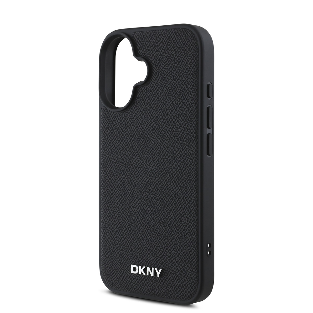 DKNY PU Leather Sidabrinis Metal Logo Magsafe Apple iPhone 16 dėklas jūsų telefonui juodos spalvos