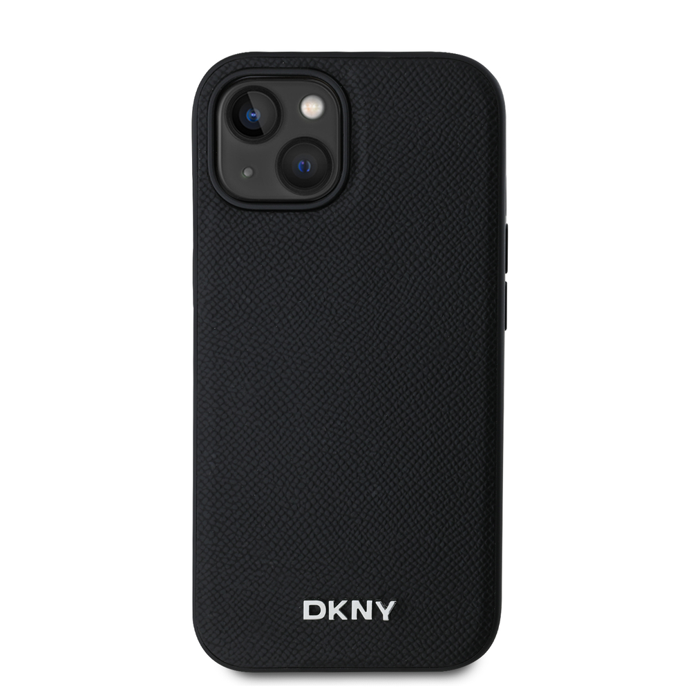 DKNY PU Leather Sidabrinis Metal Logo Magsafe dėklas telefonui Apple iPhone 15 juodos spalvos