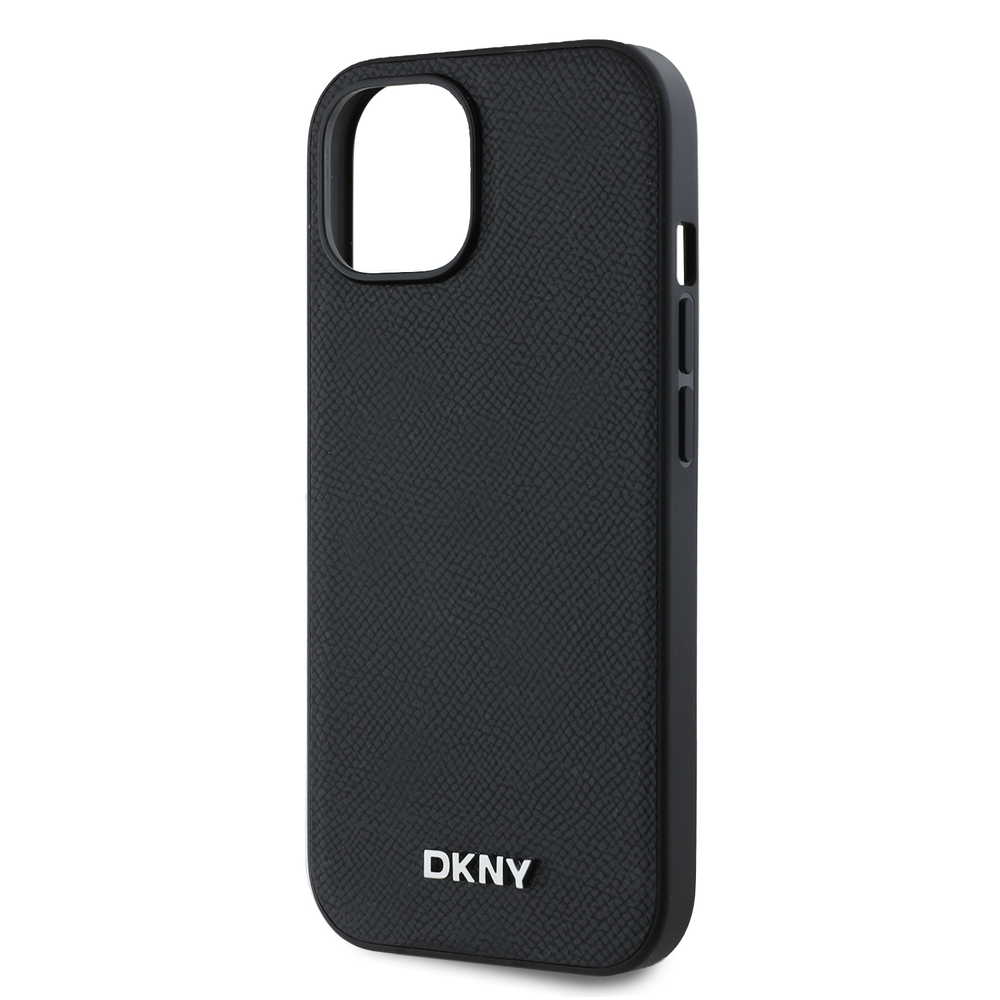 DKNY PU Leather Sidabrinis Metal Logo Magsafe dėklas telefonui Apple iPhone 15 juodos spalvos