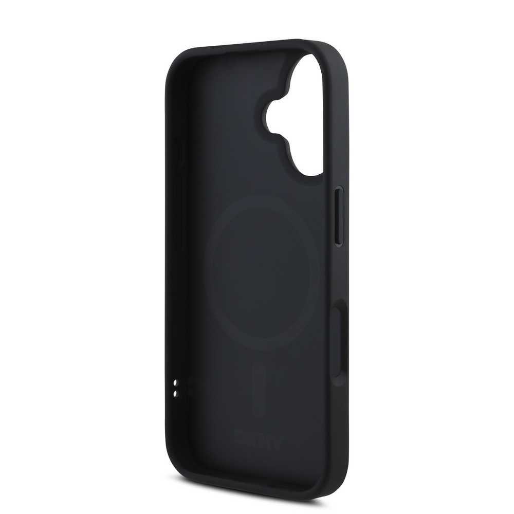 DKNY PU Leather Sidabrinis Metal Logo Magsafe Apple iPhone 16 dėklas jūsų telefonui juodos spalvos